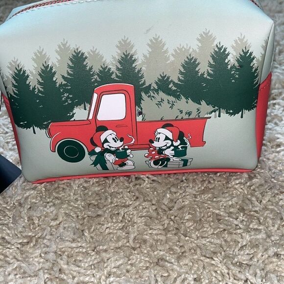 NWT Loungefly Mickey Minnie Cosmetic Bag Winter Holiday Christmas Tree Pickup Tr - Picture 3 of 14